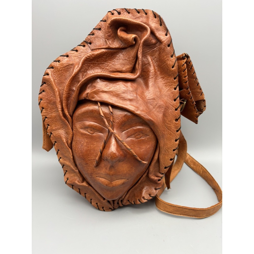 Vintage  Handmade 3D Molded Human Face Genuine Leather Tribal Crossbody Bag‎